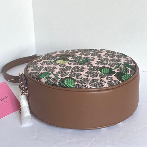 Kate Spade Cherry Jacquard Canteen Round Crossbody Brown Floral Leather - Picture 5 of 13
